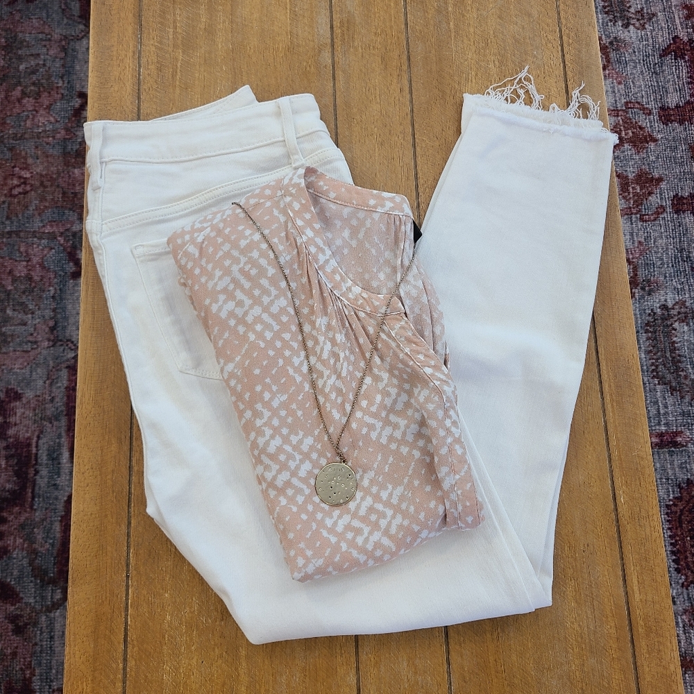 Pastel pink + white blouse